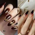 Rich Brown Nails with Gold Stud Embellishments