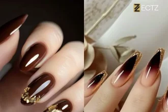 Rich Brown Nails with Gold Stud Embellishments