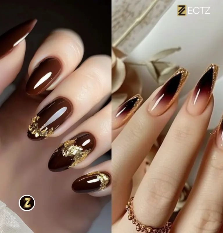 Rich Brown Nails with Gold Stud Embellishments